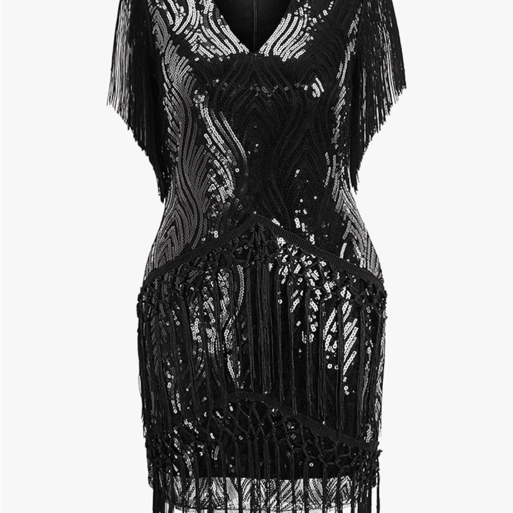 Black Sequin Fringe Cocktail Dress